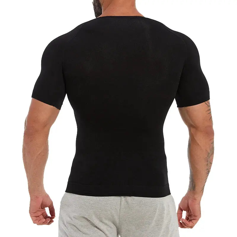 Mens slimming compression shirt black short-sleeve undershirt for torso shaping.