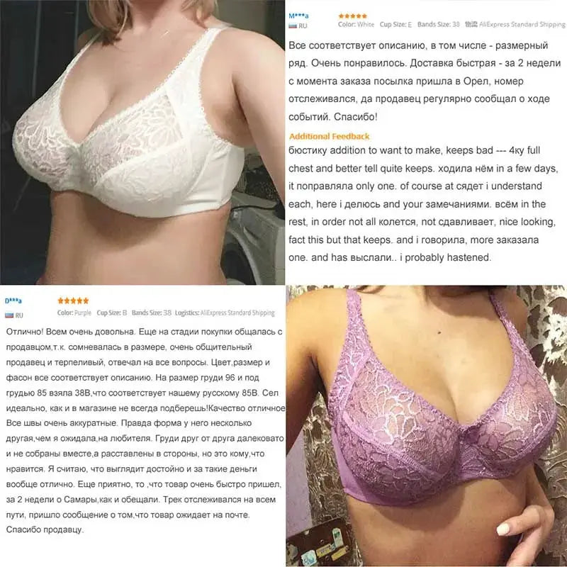 Plus size lace underwire bras, white and lavender, two-piece women's lingerie set