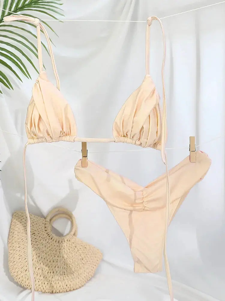 Sexy Folds Bikini Set Solid Micro Triangle Swimwear for Women Two Piece Beachwear Bathing Suit