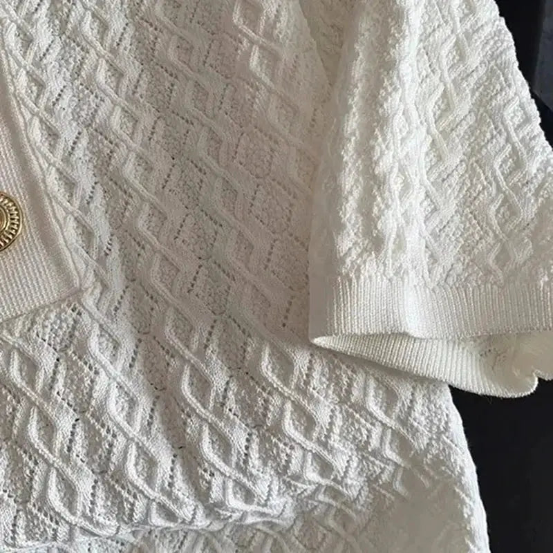 Ice Silk Polo Shirt Women Knitted Short Sleeve Jacquard Top Breathable