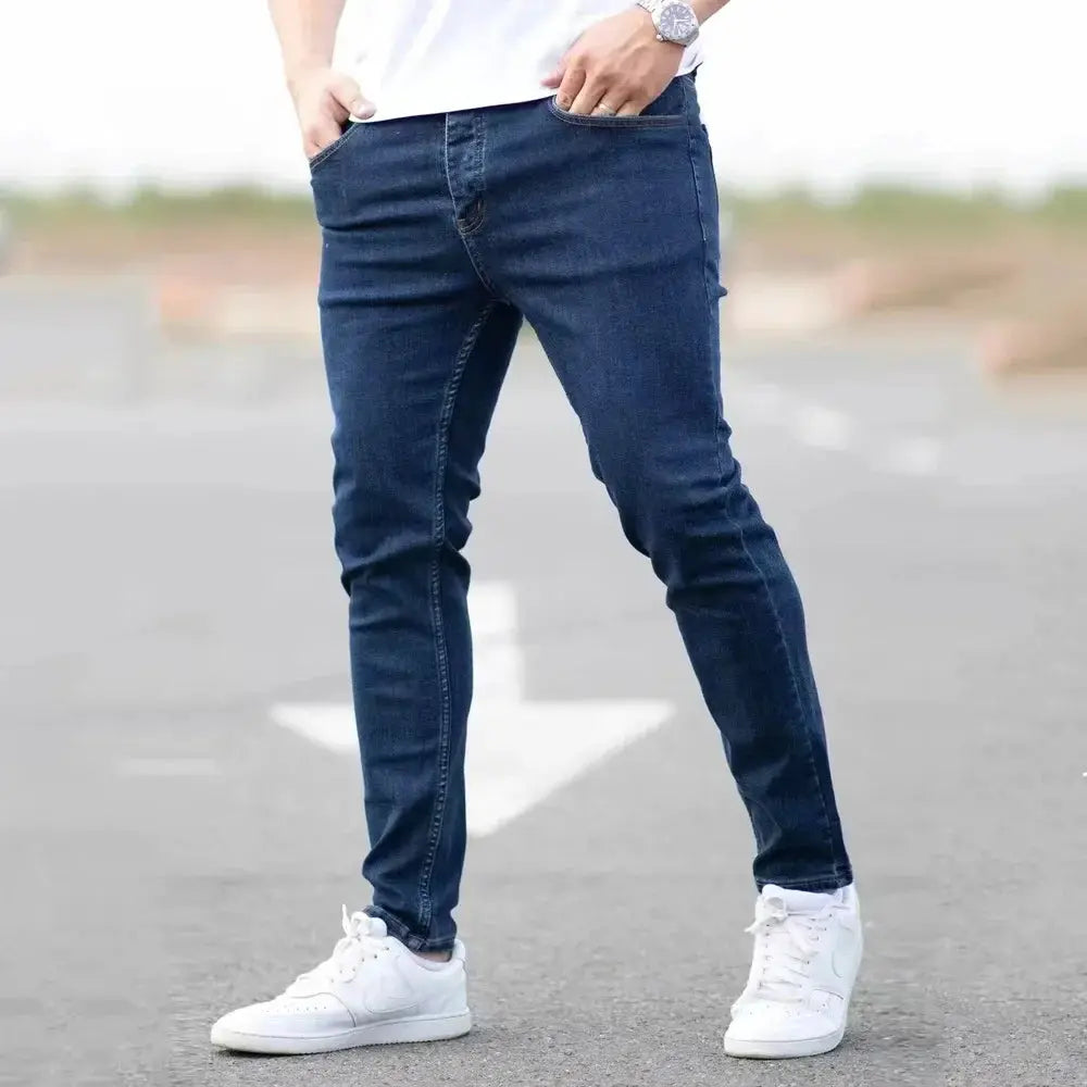 Spring Men Slim Fit Jeans Pure Color Stretch Denim Vintage Wash Casual
