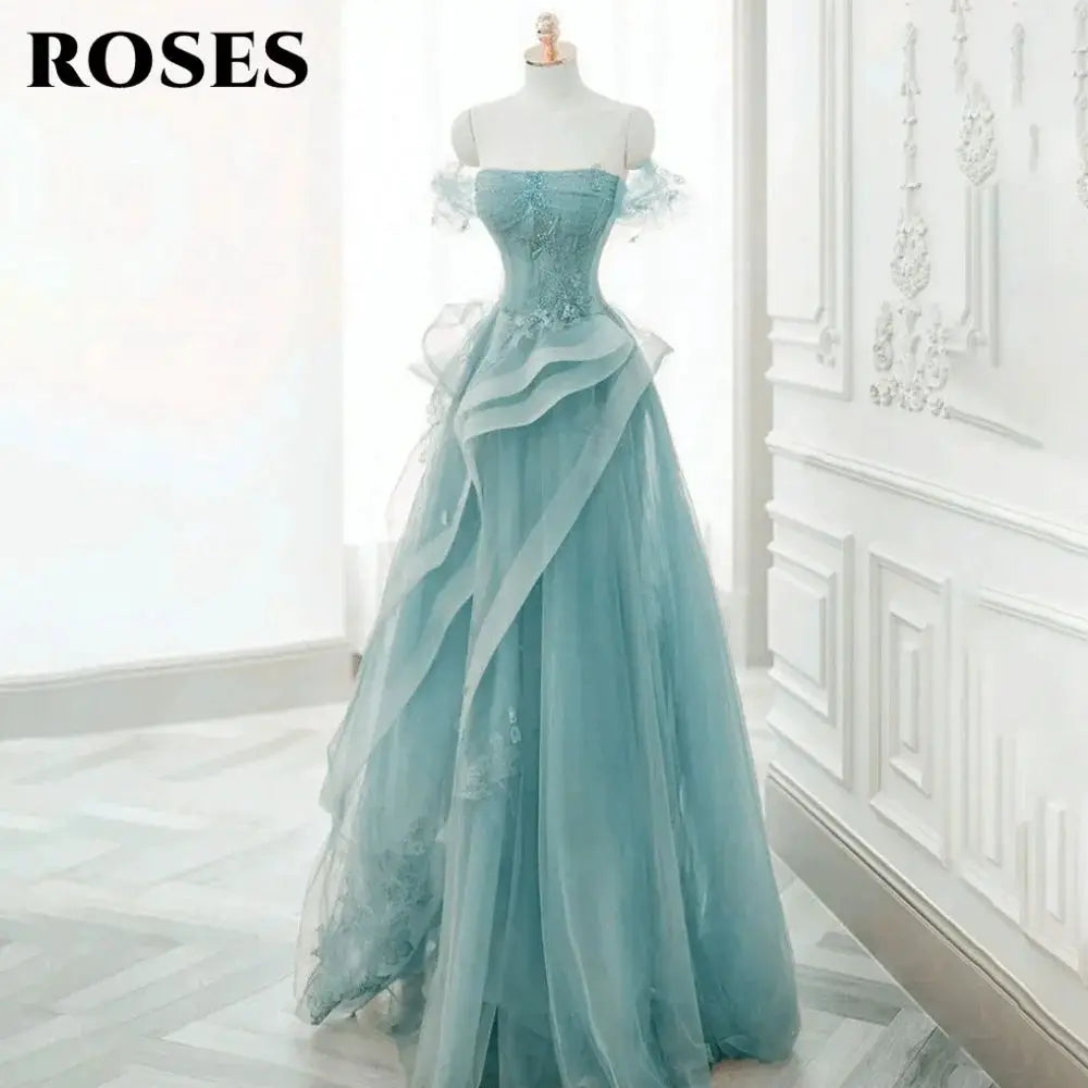 Roses Sage Green Prom Dress Appliques Tulle Tiered Pleats Sweetheart