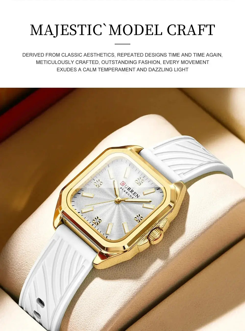 Curren 9113 ladies' quartz watch with gold-tone square case and white textured strap, silver dial