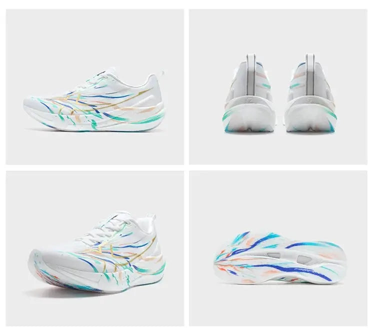 Xtep 2000km 5.0 men's running sneakers in white with multicolor abstract streaks, cushioned and durable.