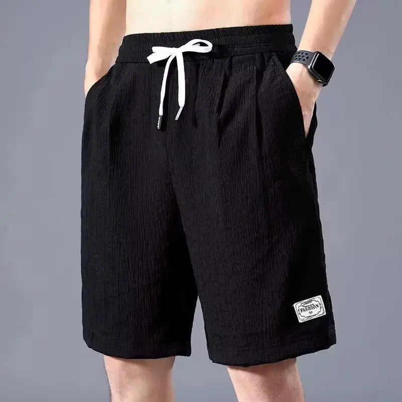 Lce Silk Shorts men's black with white drawstring; breathable, loose straight-leg sporty shorts with patch logo