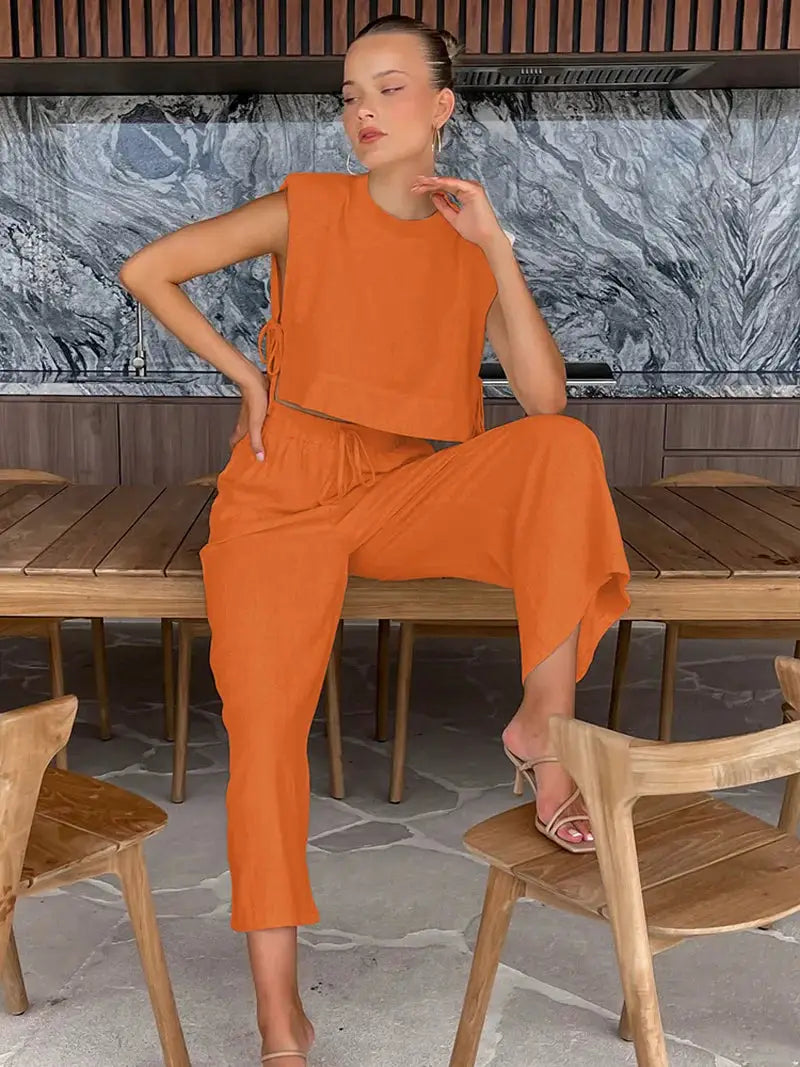 Linen Two Piece Pant Set With Crop Top For Women Spring Summer 2025