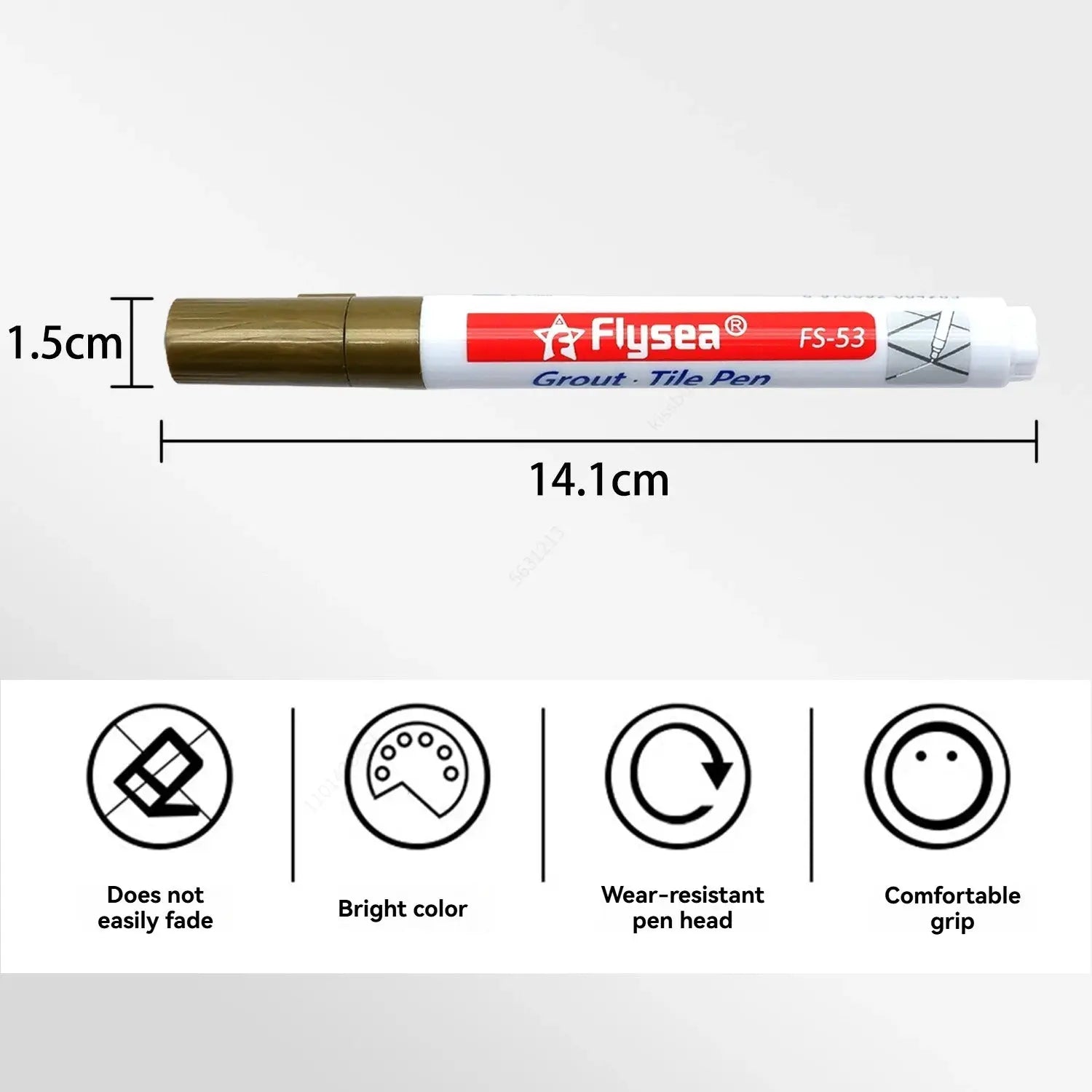 Grout tile pen Flysea FS-53 by Simples Market; white body with gold cap, waterproof wall seam marker