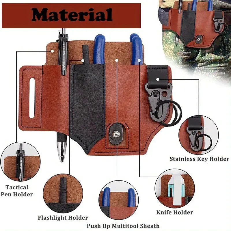 Tactical multi-tool belt holster in brown PU leather with knife, pen, flashlight holders and key ring holders