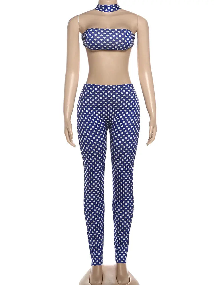 Nibber Hottie Women Dot Print 2 Piece Tracksuit Backless Halter