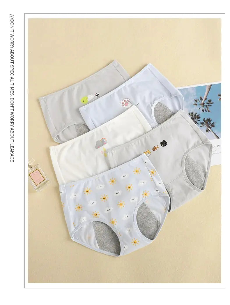 Girls' menstrual underwear set of 5; breathable cotton briefs with cute cartoon prints in pastel colors.