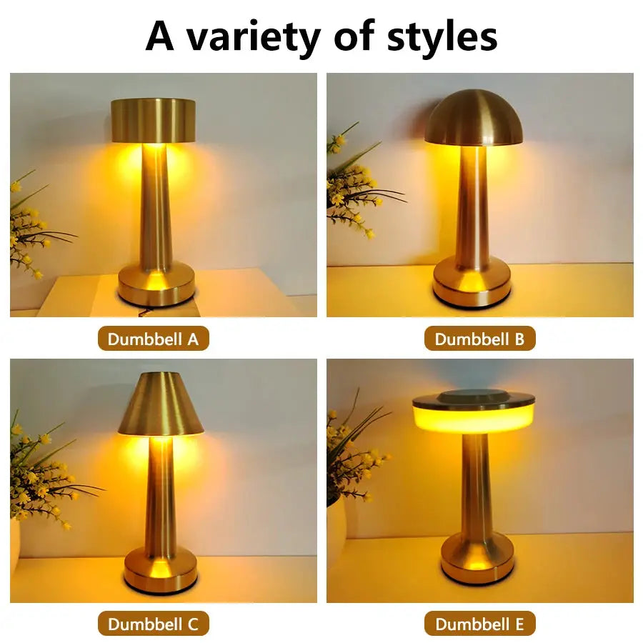 Simples Market LED table lamp set; four metal touch desk lamps in brass finish.