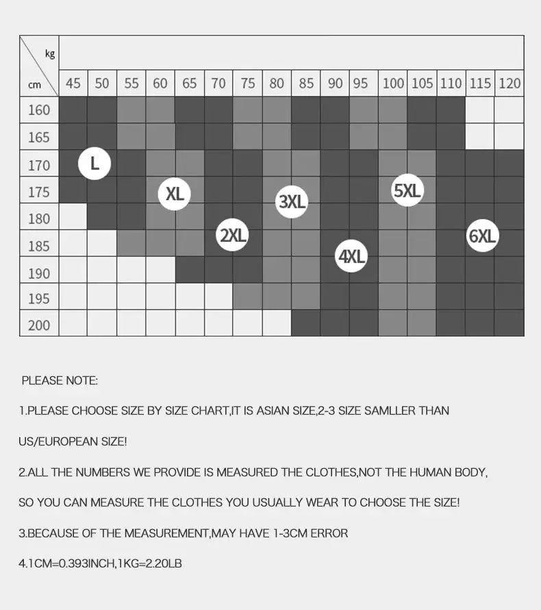 Men's underwear size chart with weight (kg) vs height (cm) grid showing L–6XL size labels