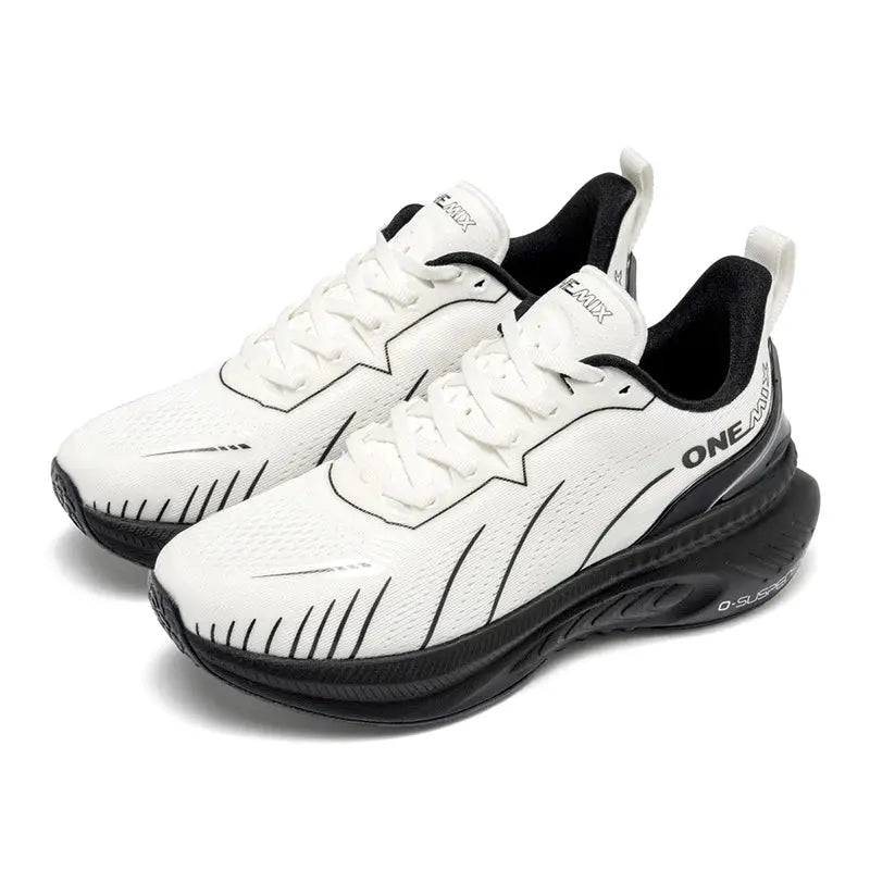 ONEMIX men's white running shoes pair, non-slip black sole, lace-up
