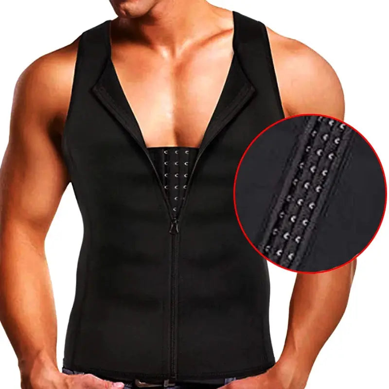 Men's slimming corset vest by Simples Market, black compression shapewear with front zipper and hook closures