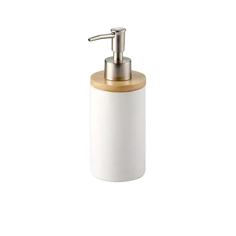 Ceramic bathroom soap dispenser with wooden lid and metal pump, white finish