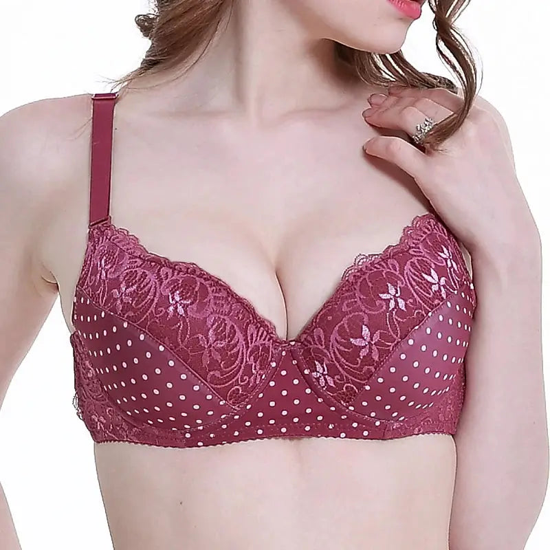 DaiNaFang lace push-up bra in burgundy with floral lace cups and polka-dot mesh, Simples Market