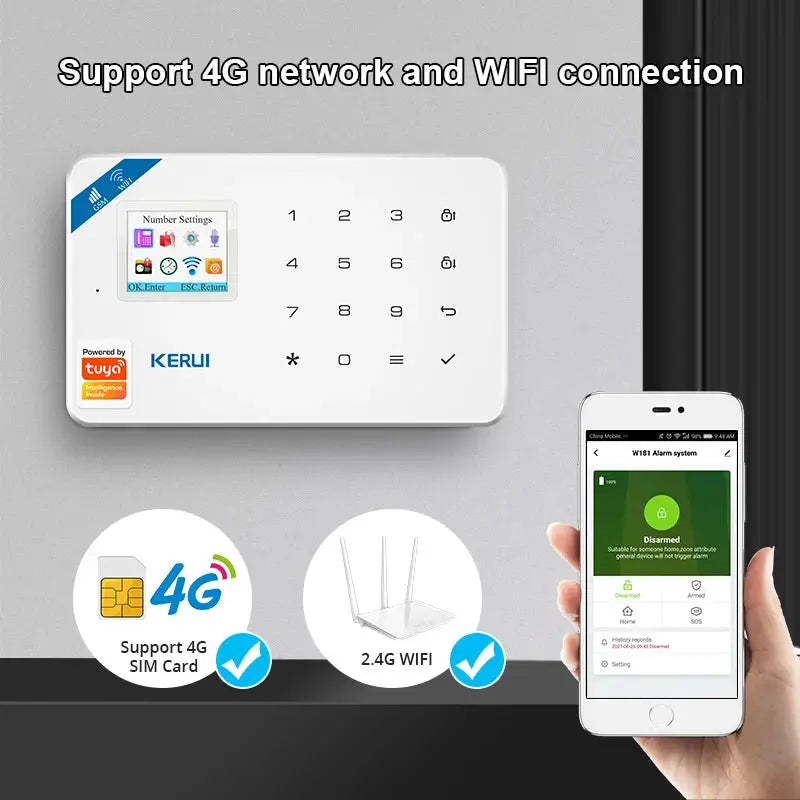 KERUI W184 alarm system unit, white keypad, 4G/WiFi with Tuya app control.