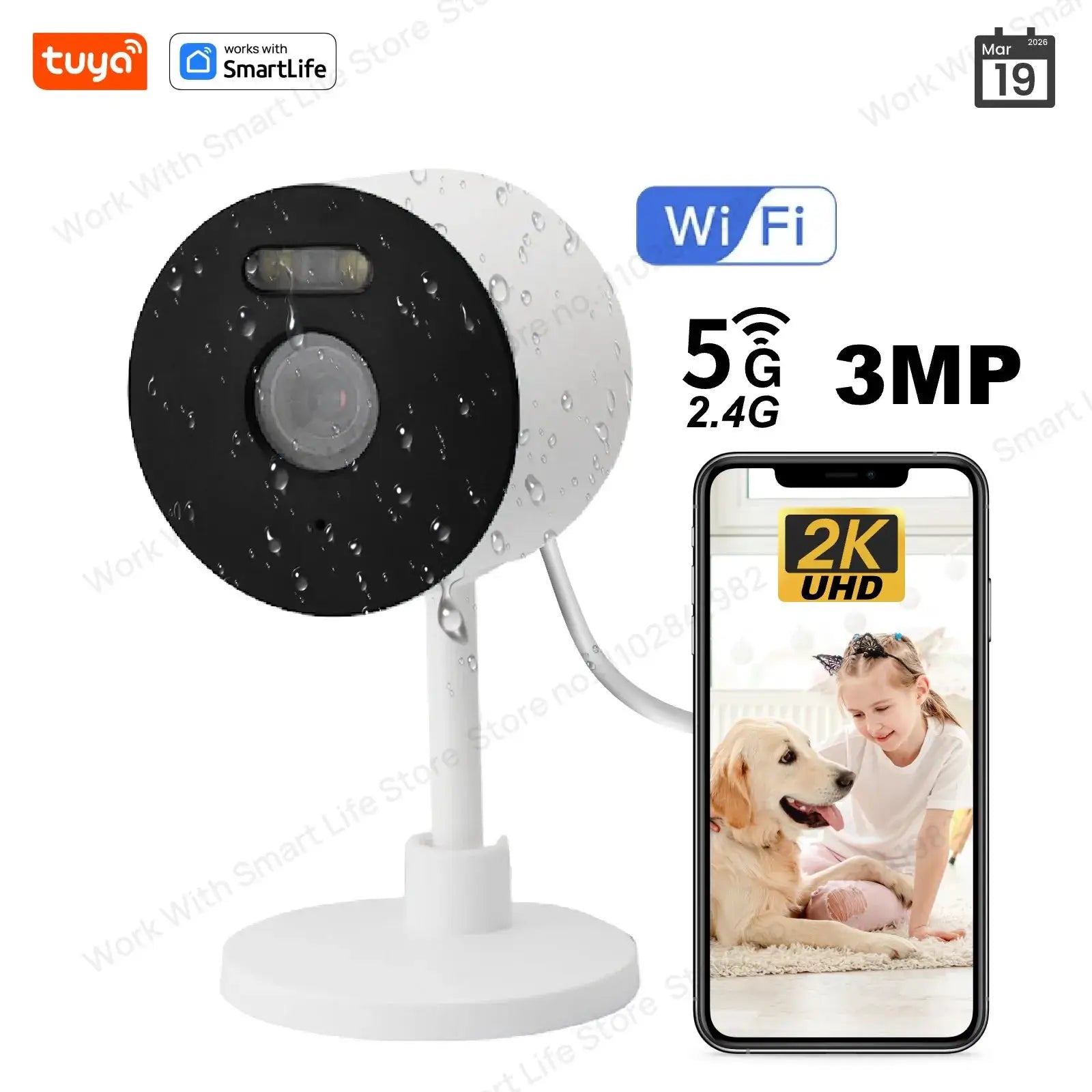 3MP HD Tuya Smart Indoor/Outdoor Security Camera by Simples Market, WiFi, color night vision, 2-way audio