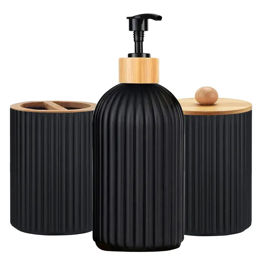 Bathroom Countertop Organizer With Hand Soap Dispenser Cotton Ball Storage And Toothbrush Holder Bamboo Accents