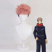 Anime Itadori Yuji cosplay wig, short rose-pink high-temperature silk with inner mesh cap