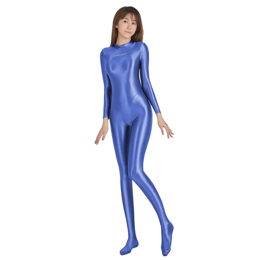 AMORESY blue wetlook catsuit bodysuit for women, glossy long-sleeve full-body Zentai jumpsuit