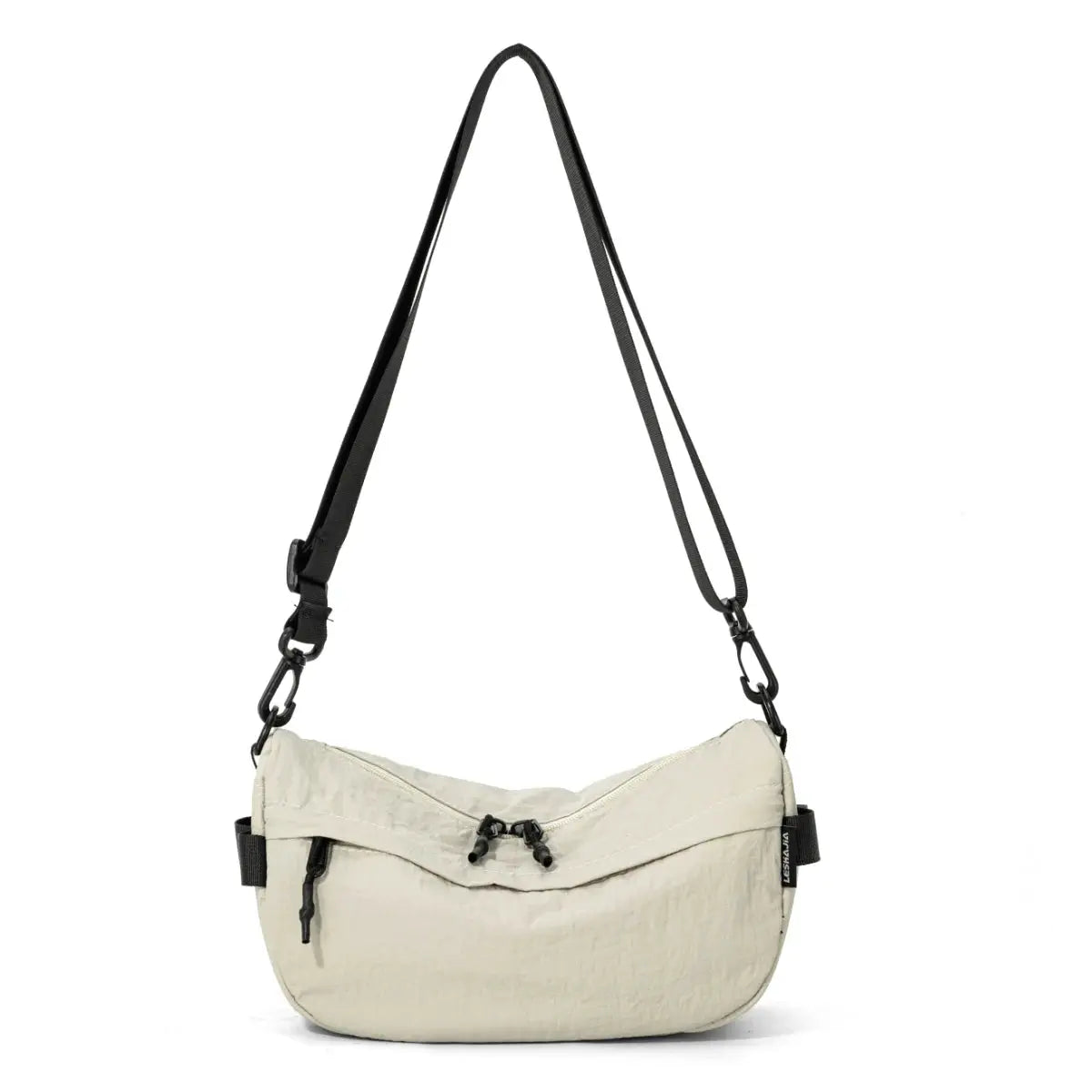 Simples Market beige waterproof nylon crossbody bag with multiple pockets and a black adjustable strap