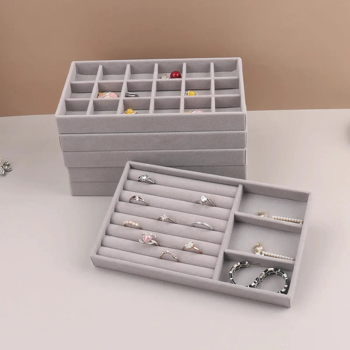 Velvet Jewelry Display Stackable Organizer Box For Rings Earrings Necklaces Portable Case