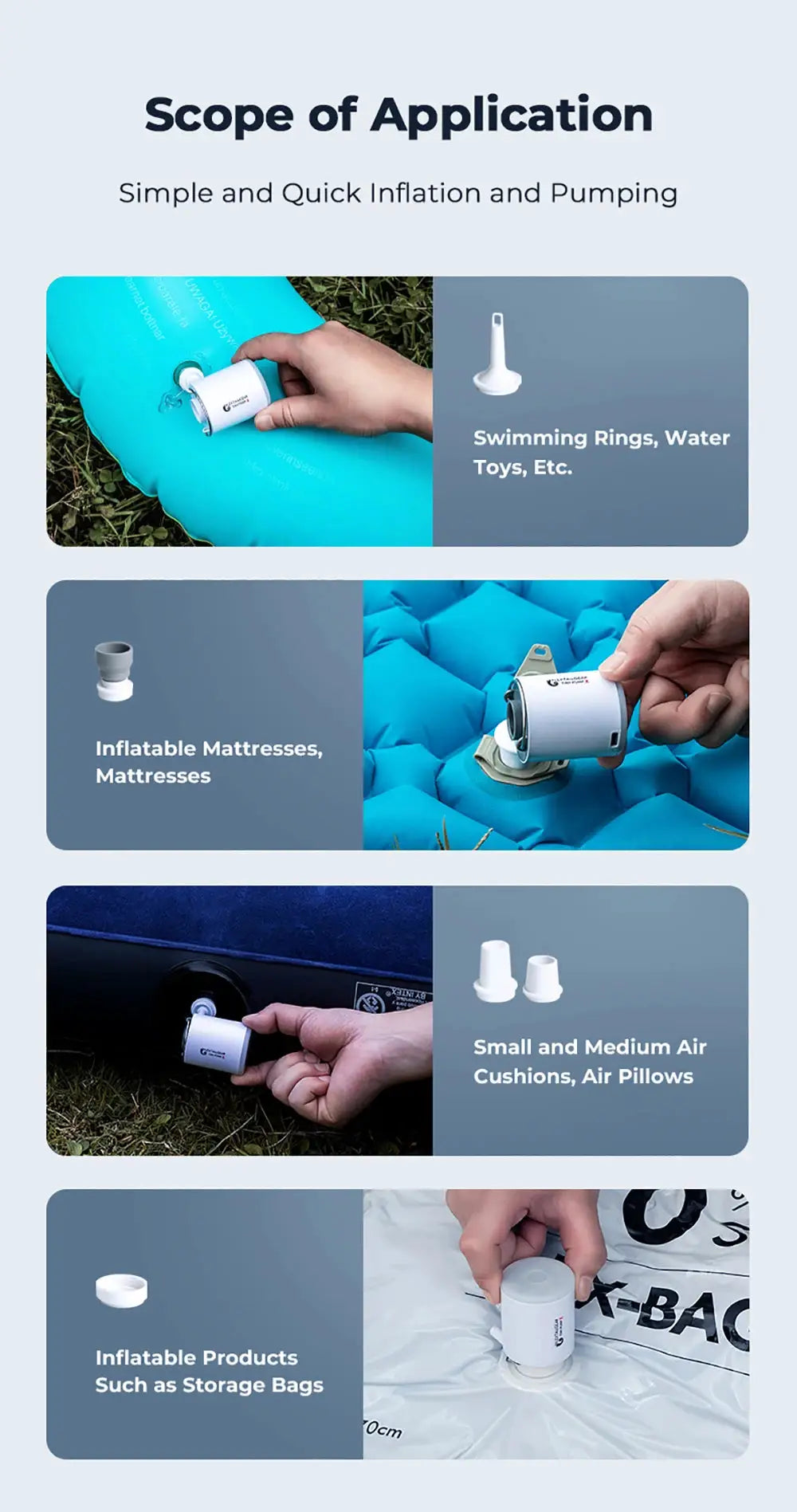 FLEXTAIL Portable Air Pump by Simples Market; white USB-C pump with light for sleeping pads, air beds, and vacuum bags