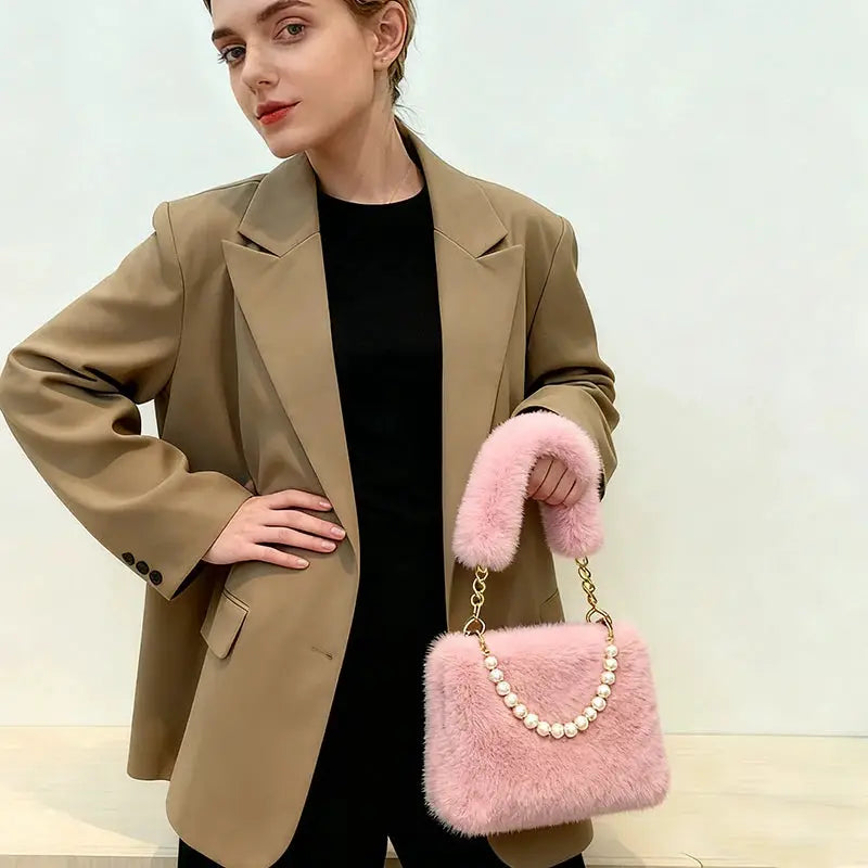 Pink faux fur handbag with pearl bead strap and gold chain by Simples Market, crossbody bag