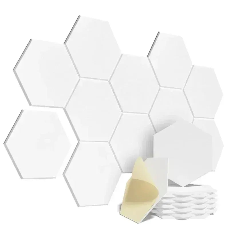 Hexagon sound-insulation foam panels, 12 pcs, white, self-adhesive by Simples Market for studio/office walls