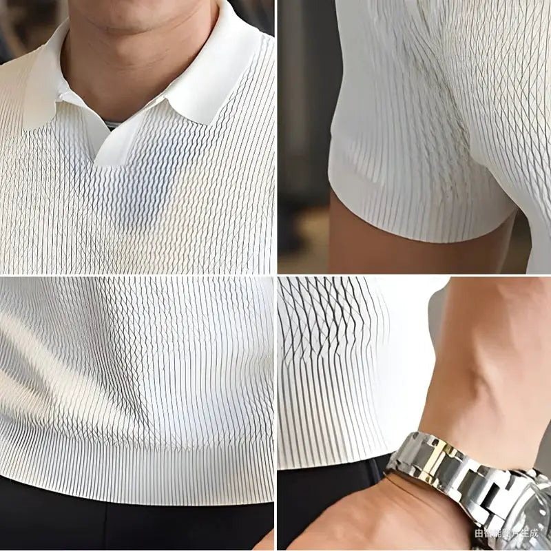 Men's knitted polo shirt, white, polo collar, breathable ice-silk knit, slim fit, short sleeves.