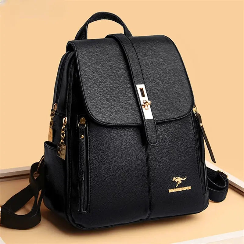 Simples Market luxury black leather backpack for women with gold hardware and front strap buckle
