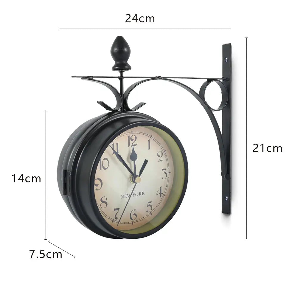 Double-sided black metal wall clock on a decorative bracket, vintage-style and battery-powered with silent operation.
