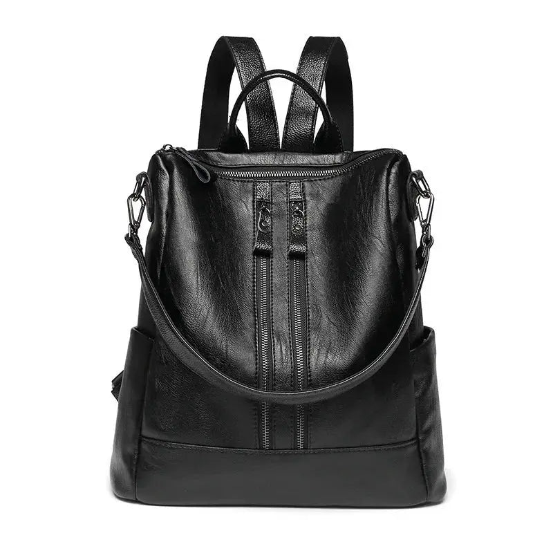 Women soft leather backpack, black, multifunctional school bag with large capacity and shoulder straps