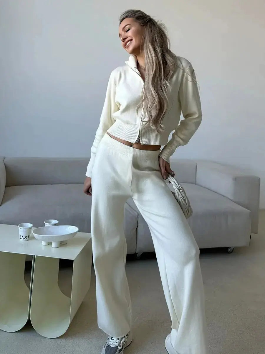 Bornladies Knit Zip Up Cropped Cardigan With Wide Leg Pants Set Women