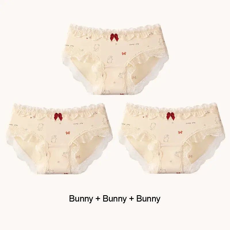 Women's cotton panties 3-pack; beige briefs with lace trim, bunny pattern and red bow accents for everyday wear