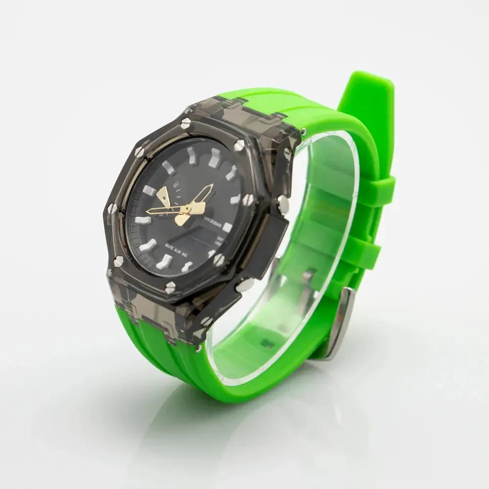Casioak GA2100 mod kit by Simples Market with transparent case and neon green rubber strap
