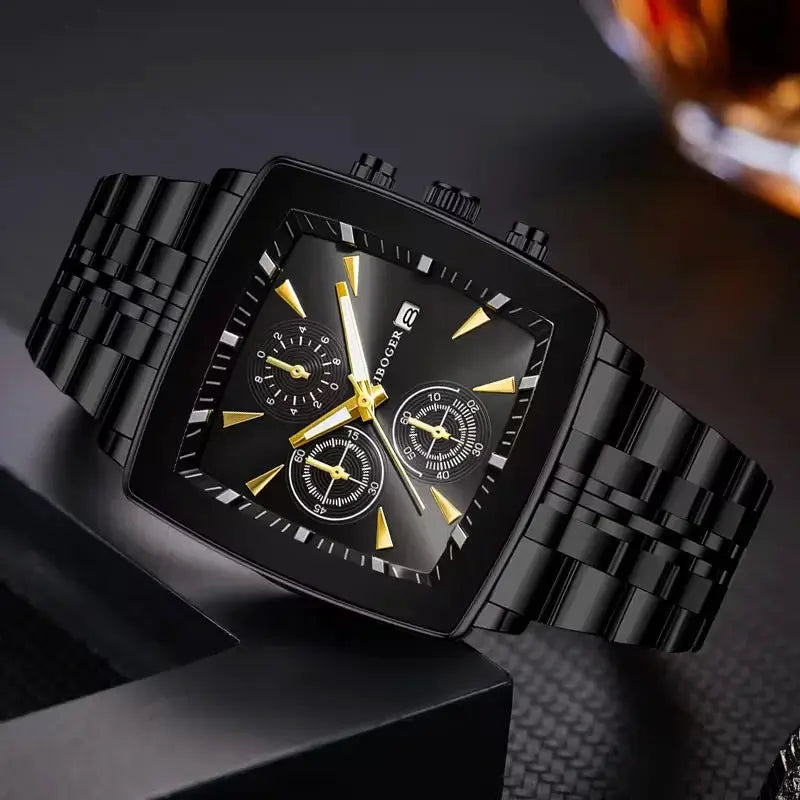 Men's luxury square-dial quartz wristwatch in black stainless steel with gold-tone hands and calendar subdials