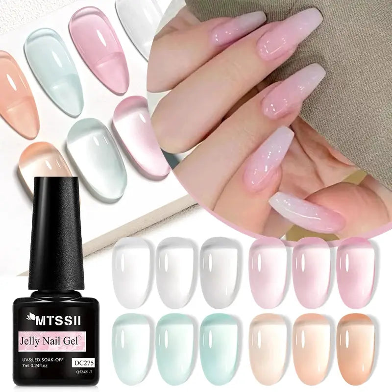 MTSSII 6-piece jelly gel nail polish set in pastel pink, green, blue and nude shades UV gel kit by Simples Market