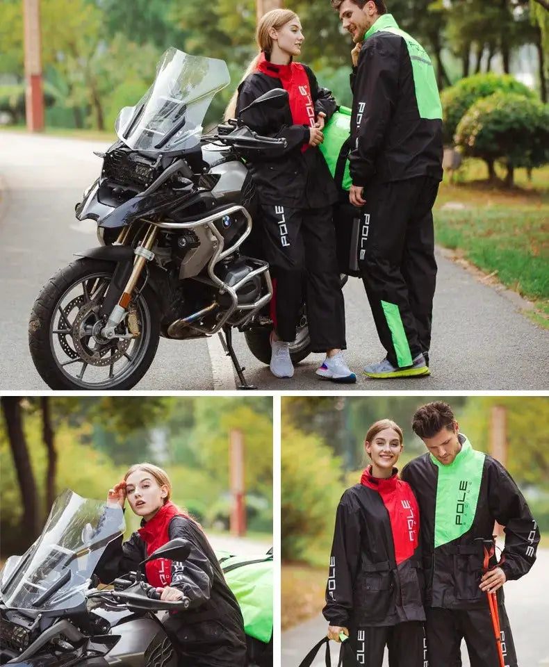 POLE motorcycle raincoat set by Simples Market; breathable waterproof black gear with red/green panels and rain pants