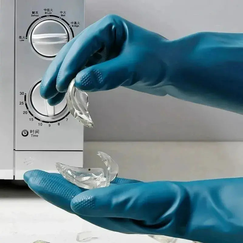 Simples Market blue waterproof cleaning gloves; pair shown handling glass near a microwave.