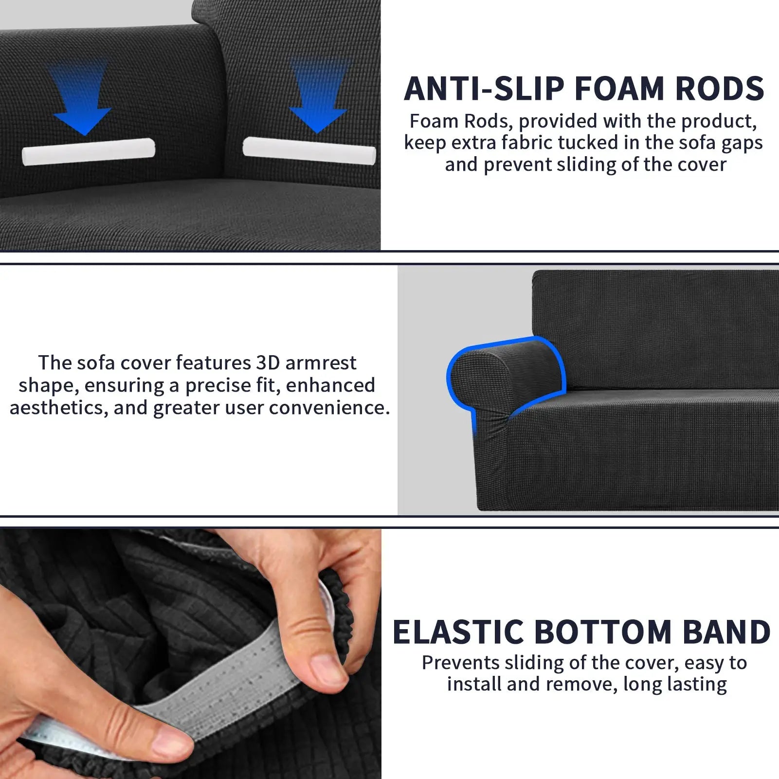 Joccun stretch couch cover by Simples Market for 1–4 cushion sofas with anti-slip foam rods and elastic bottom band.