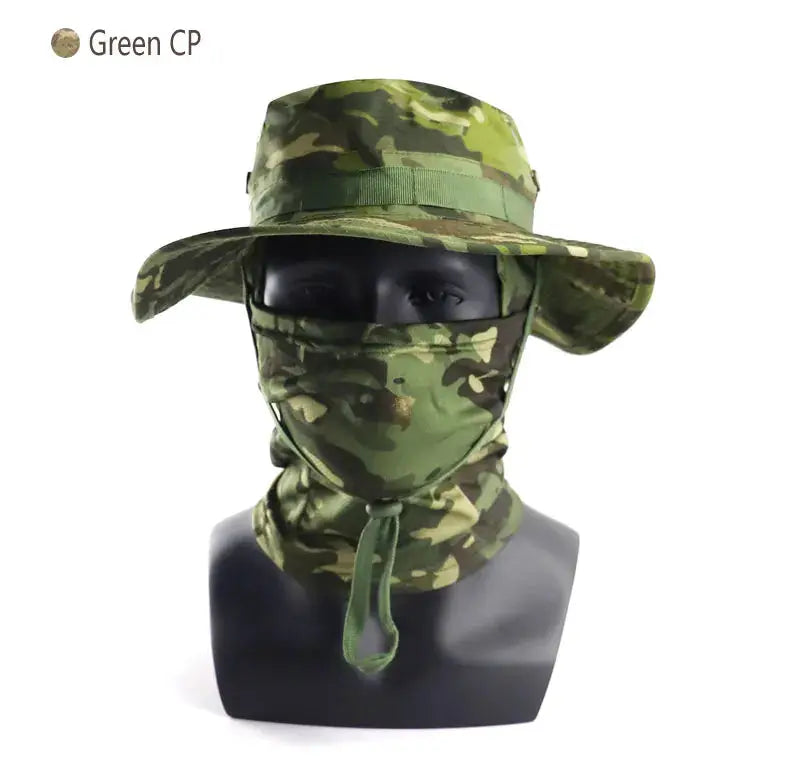 Boonie hat with neck gaiter mask in green camouflage, adjustable chin strap