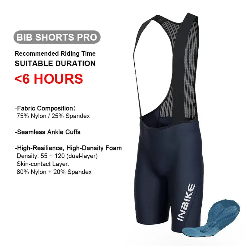 INBIKE men's MTB cycling bib shorts in navy with mesh back and logo, plus blue flip-flops.