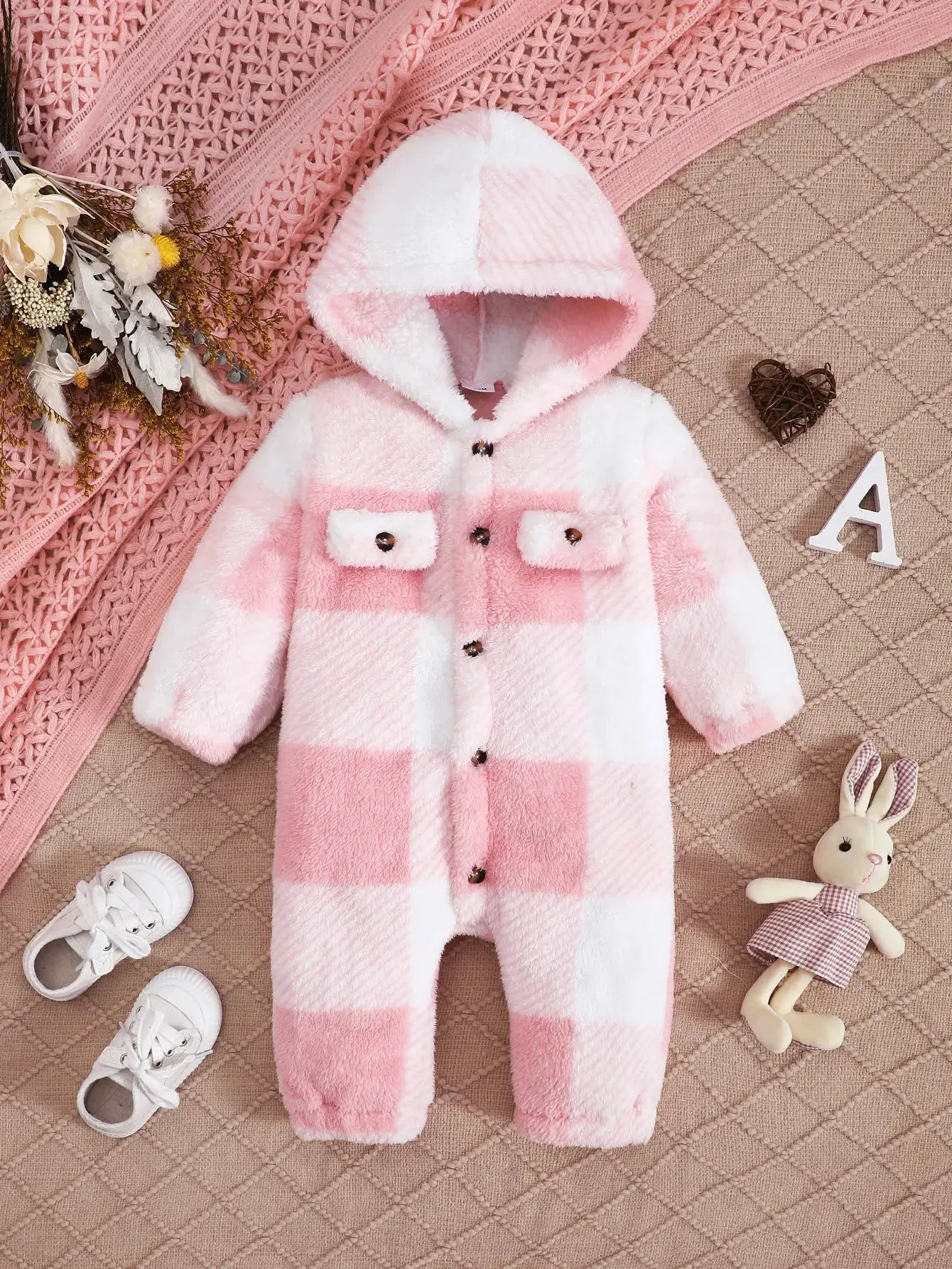Unisex Plaid Plush Romper With Hooded Long Sleeves Jumpsuit For Winter Warmth 3 To 24 Months