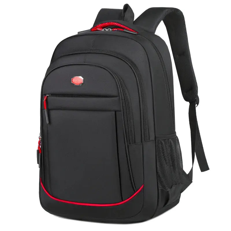Backpack by Simples Market, black with red zipper accents, large-capacity bag for travel, office, and school