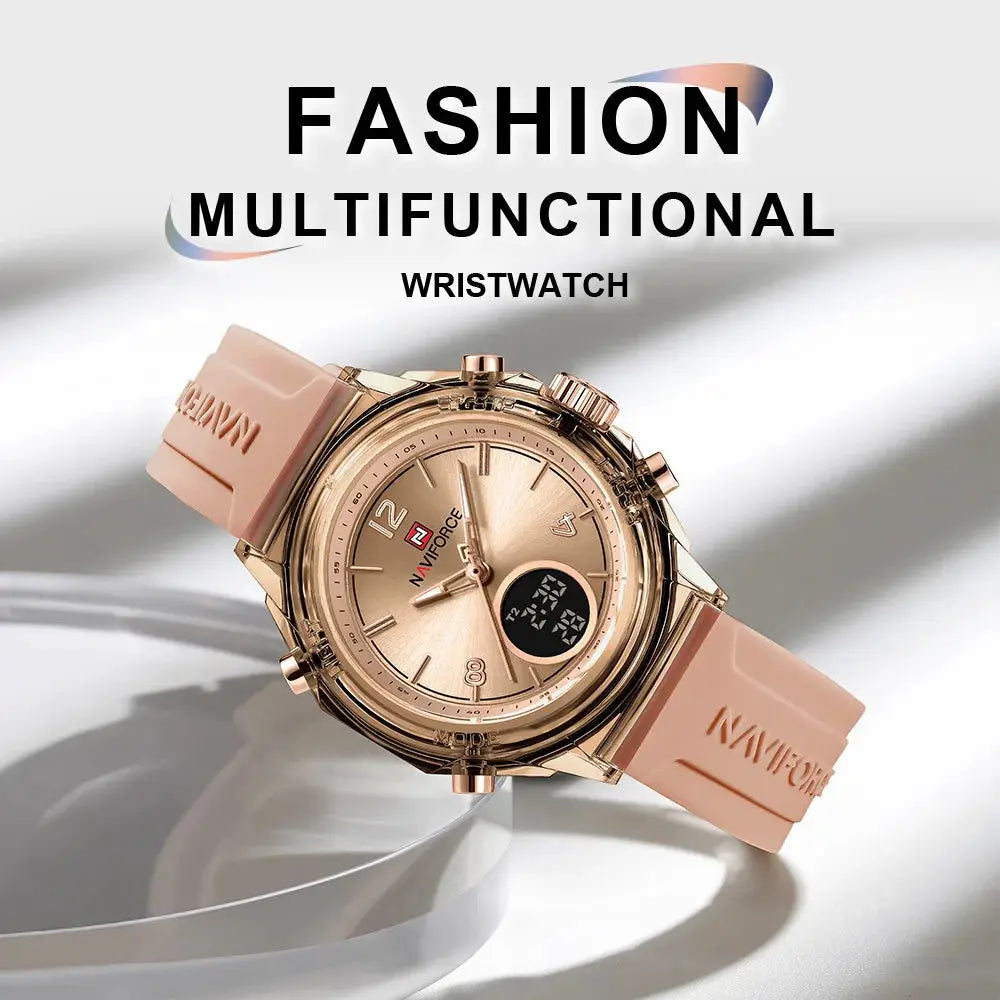 Naviforce women's wristwatch with rose-gold case and pink silicone strap, dual time display