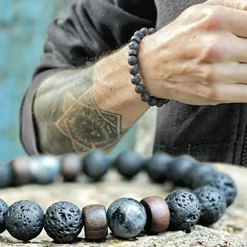 8mm Volcanic Stone Bracelet For Men Lava Wooden Beads Tibetan Buddha Handmade Elastic Bracelet Jewelry