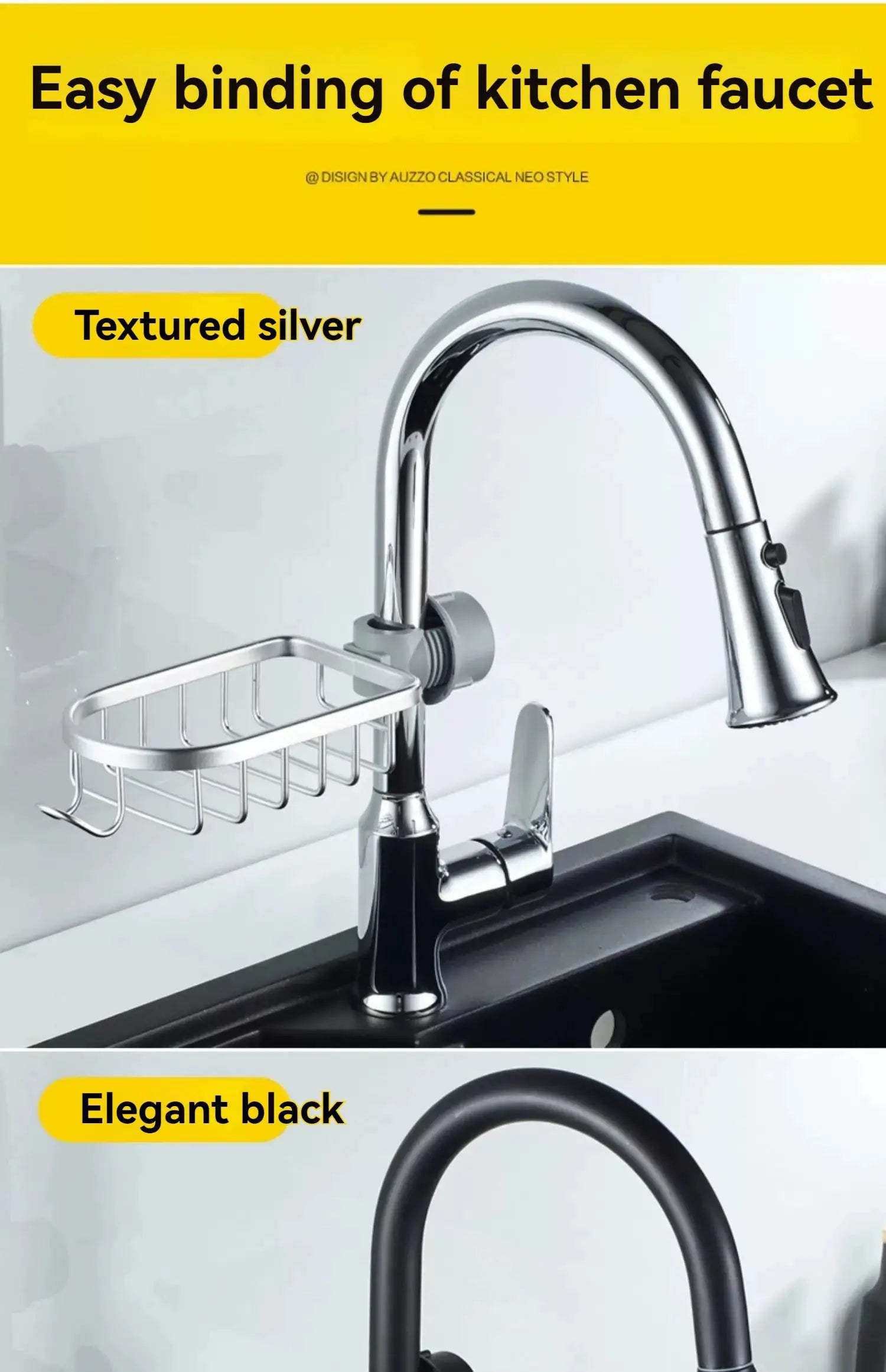 Shower rack for kitchen faucet; punch-free aluminum with textured silver finish, Simples Market