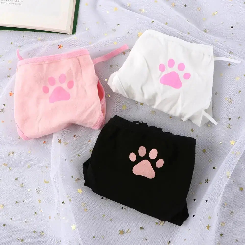 3pc set of low-rise women's panties in pink, white and black with pink paw print.